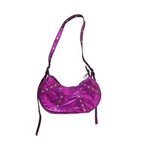 Neon Purple Studded Decor Silver Zipper Hobo Bag Y2K Inspired Fashion Accessory